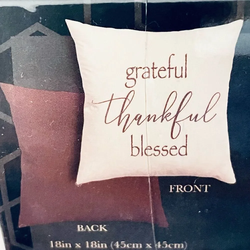 NWT 4 Grateful Thankful Blessed18×18 Ivory Brown Reversible Pillow Cushion Cover